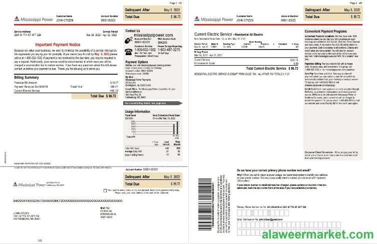 USA Mississippi Power utility bill, Word and PDF template, 2 pages